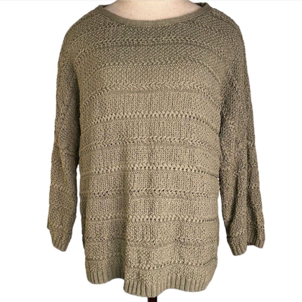 Chico’s Womens Sage Green Woven Knit Beachy 3/4 Sleeve Sweater Modern Minimalist